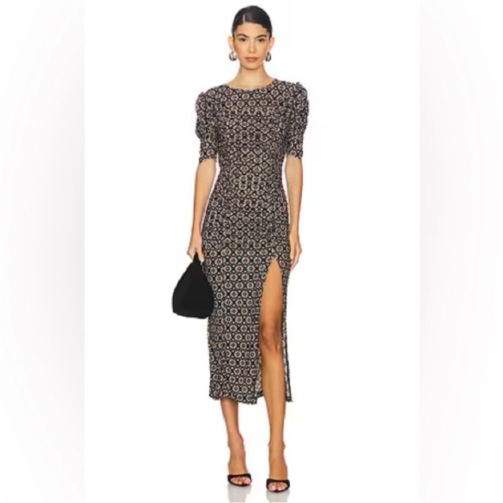 Free People Bodycon Dress Sz Medium Dark Floral Mesh Vamp Midi Witchy Wedding